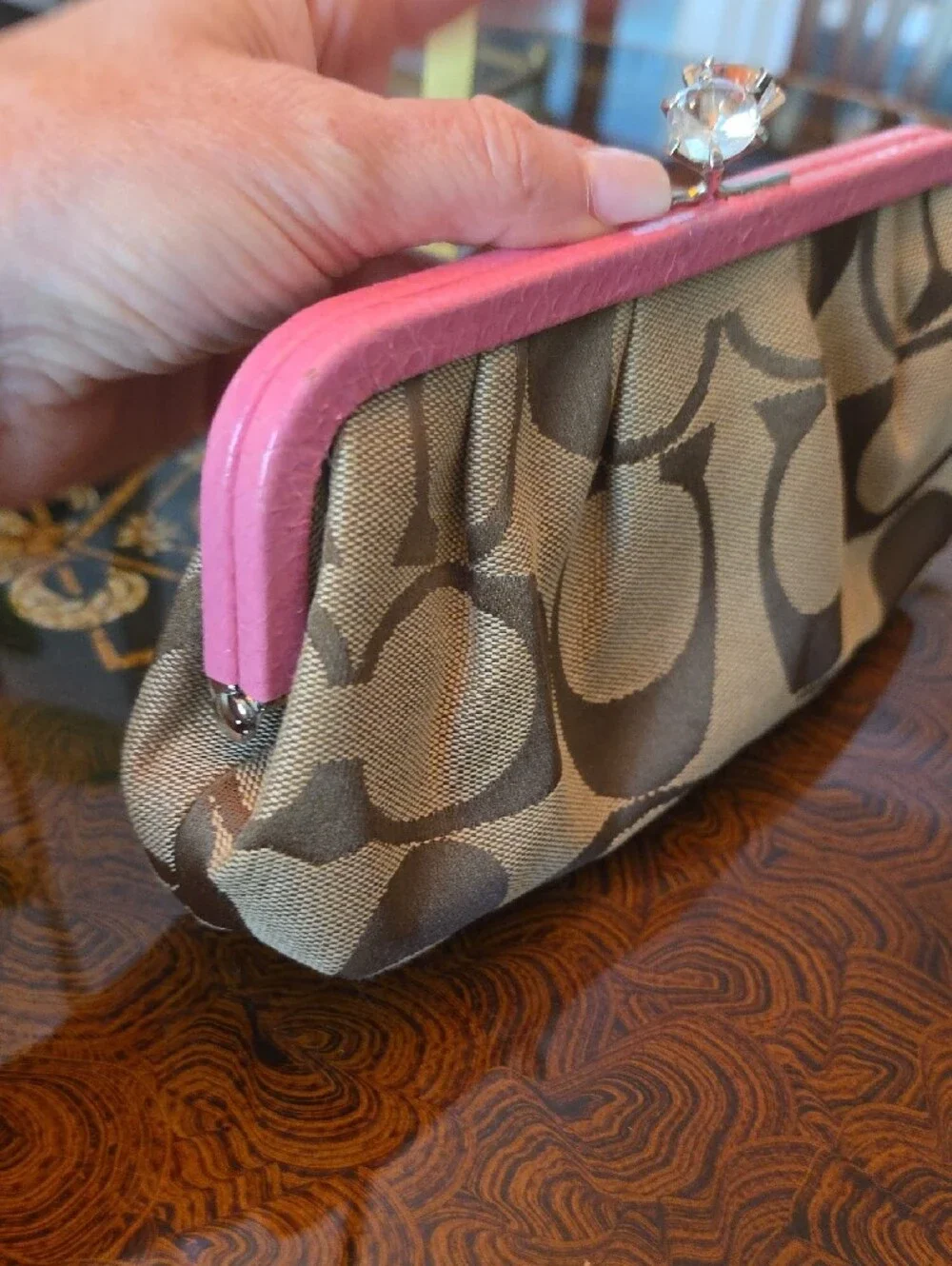Coach PINK & Brown Signature Canvas Wristlet Pink Trim Pink Snakeskin Trim NWOT